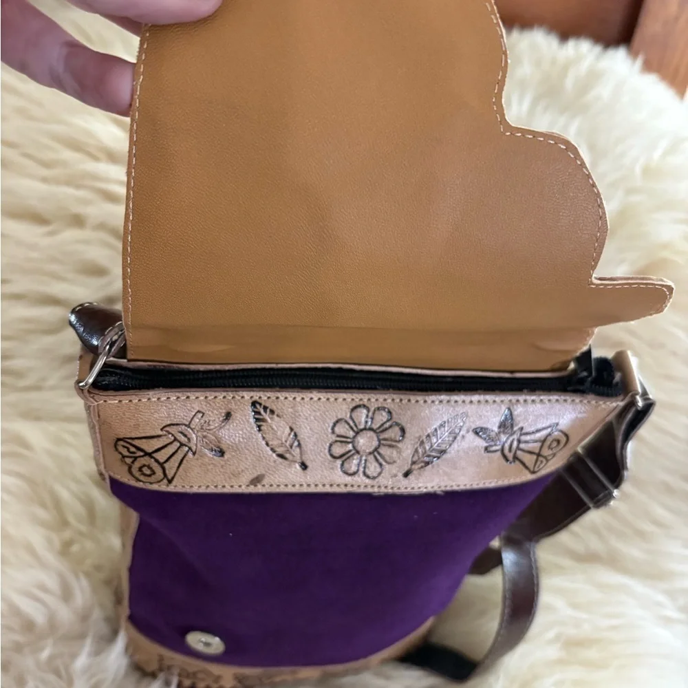 Set/2 Bolivia Bag/Passport Case Purple Suede Tan Leather Textile New